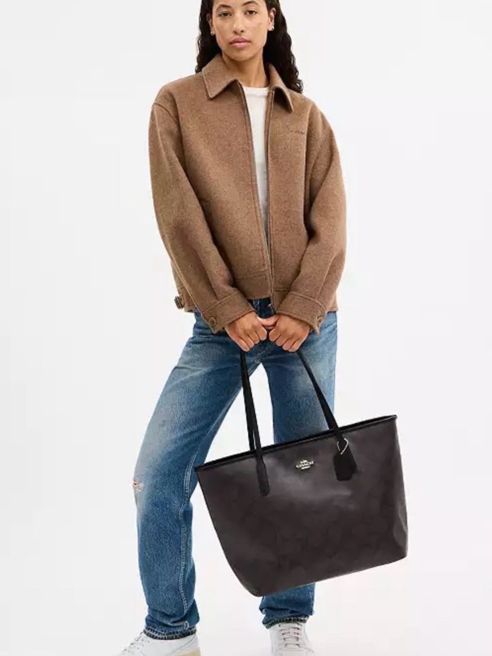 🤎Coach NWT Walnut Brown & Black Large City Tote In Signature C Monogram /Zipper - Picture 2 of 10